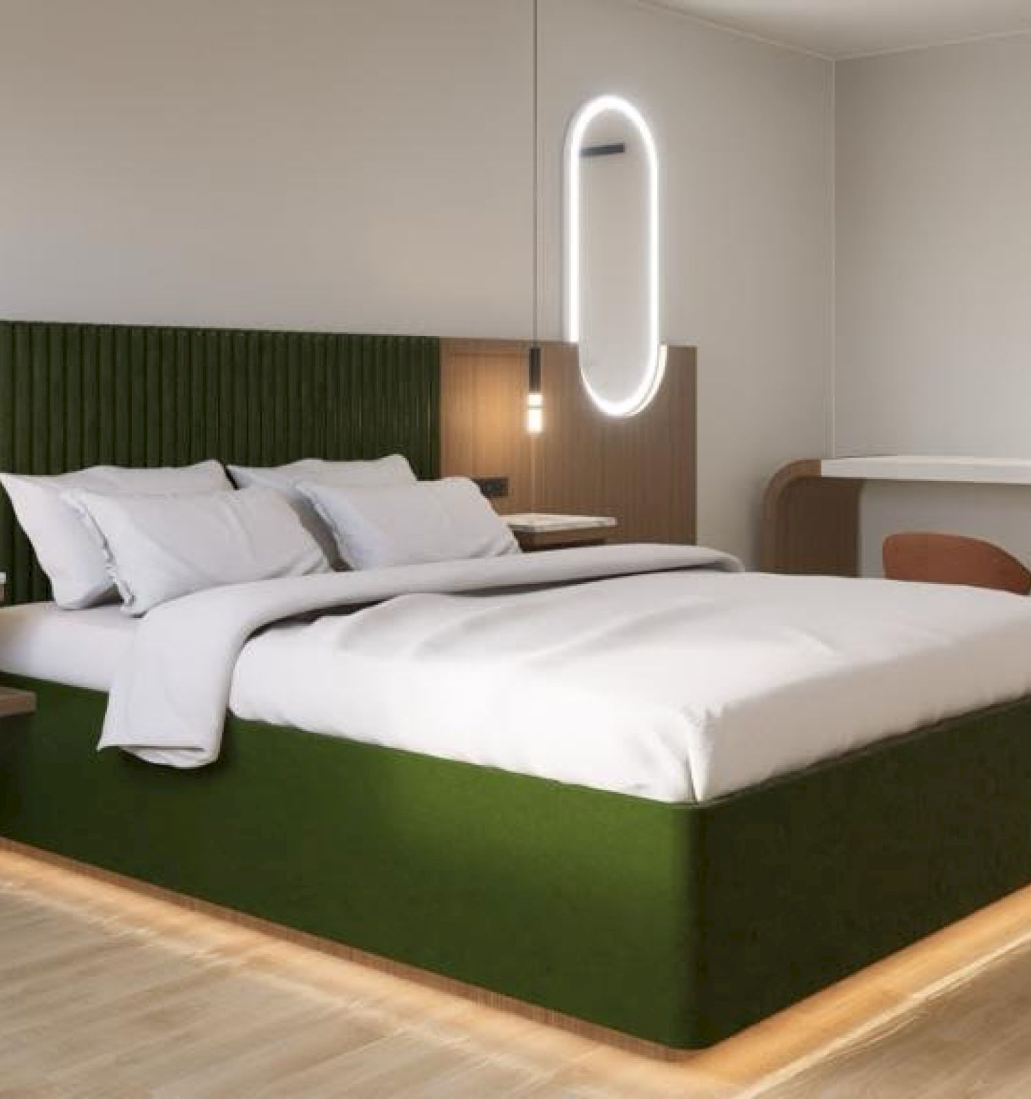 A modern bedroom with a green bed, wooden headboard, floating nightstands, a white desk with a lamp, and wooden flooring, featuring minimalist décor.